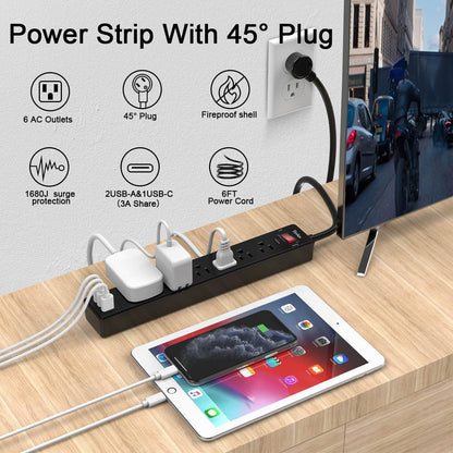 6Ft Power Strip Surge Protector -  Extension Cord with 6 AC Outlets and 3 USB Ports (Black)