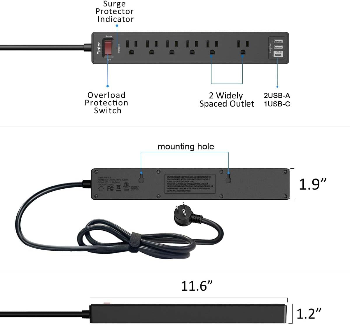6Ft Power Strip Surge Protector -  Extension Cord with 6 AC Outlets and 3 USB Ports (Black)