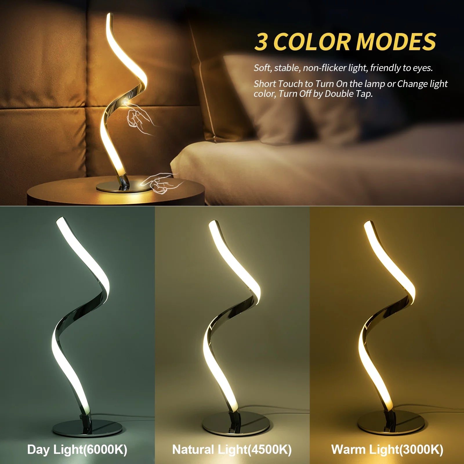 Modern Spiral Table Lamp -  Touch Control Bedside Lamp, 3 Colors & Fully Stepless Dimmable Nightstand Lamp