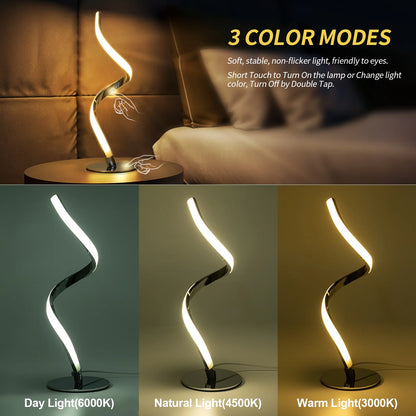 Modern Spiral Table Lamp -  Touch Control Bedside Lamp, 3 Colors & Fully Stepless Dimmable Nightstand Lamp