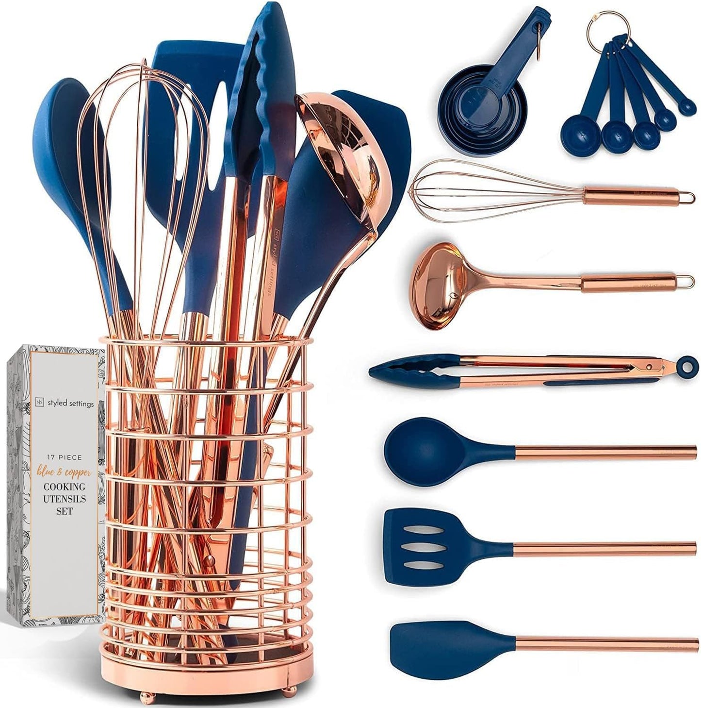17-Piece Copper and Blue Silicone Cooking Utensils Set with Copper Holder and Measuring Cups and Spoons