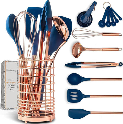 17-Piece Copper and Blue Silicone Cooking Utensils Set with Copper Holder and Measuring Cups and Spoons