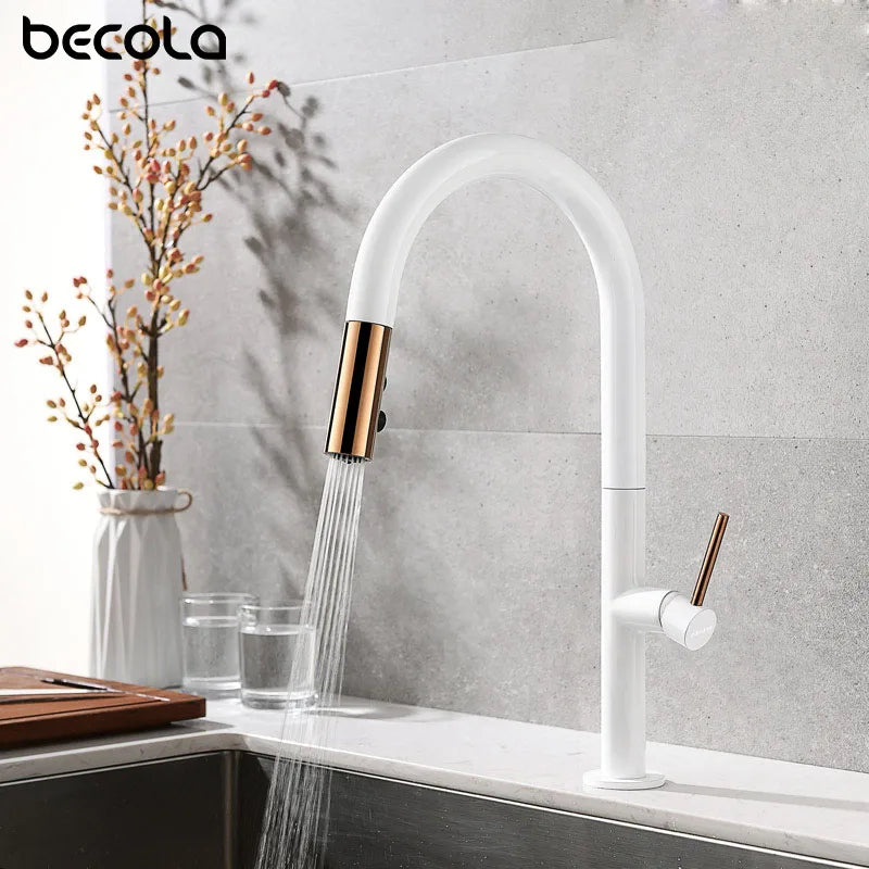 Pull Out Kitchen Faucet Rose Gold and White Sink Mixer Tap 360 Degree Rotation Kitchen Mixer 