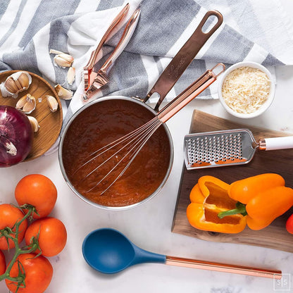 17-Piece Copper and Blue Silicone Cooking Utensils Set with Copper Holder and Measuring Cups and Spoons