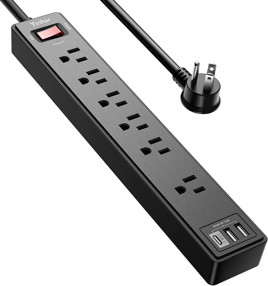 6Ft Power Strip Surge Protector -  Extension Cord with 6 AC Outlets and 3 USB Ports (Black)