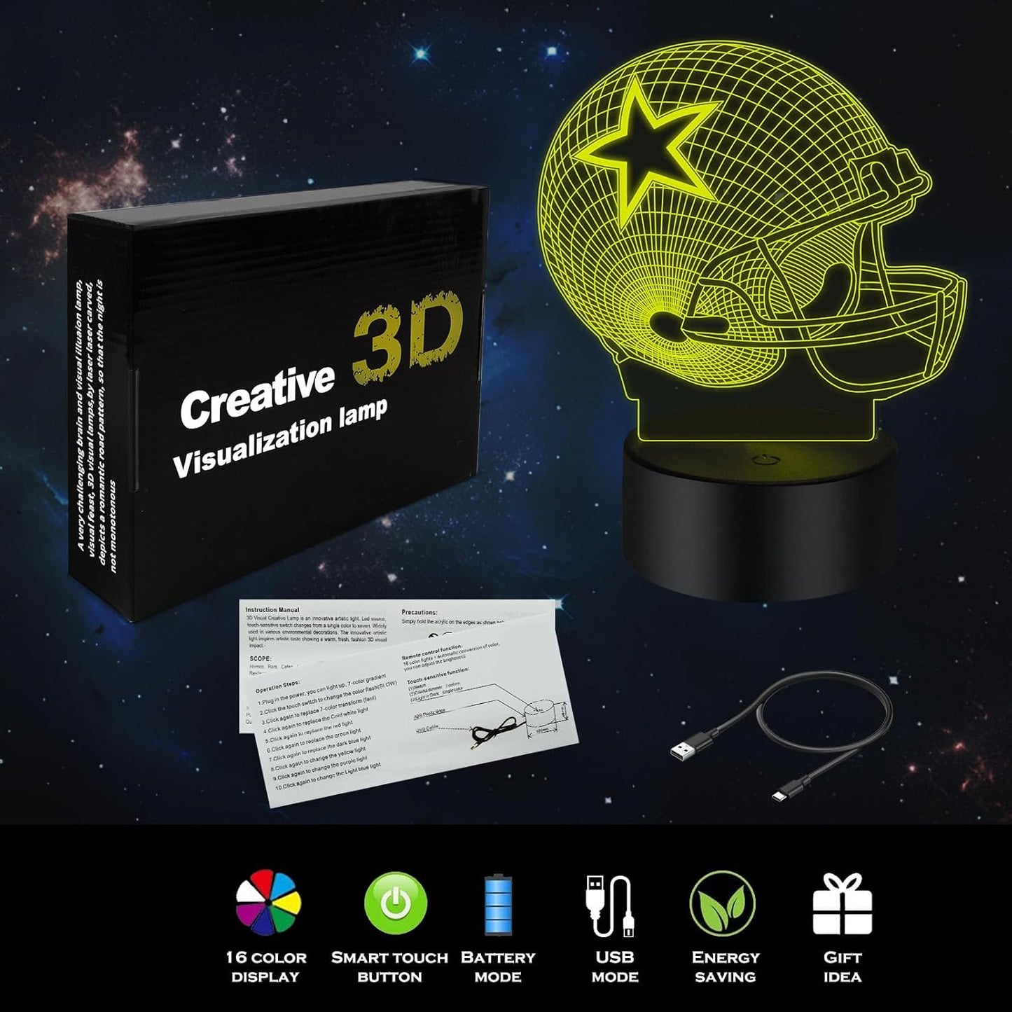 3D Illusion Night Light Desk Lamp, 7 Colors Auto Gradual Changing USB Powered LED Light (Baseball Helmet)