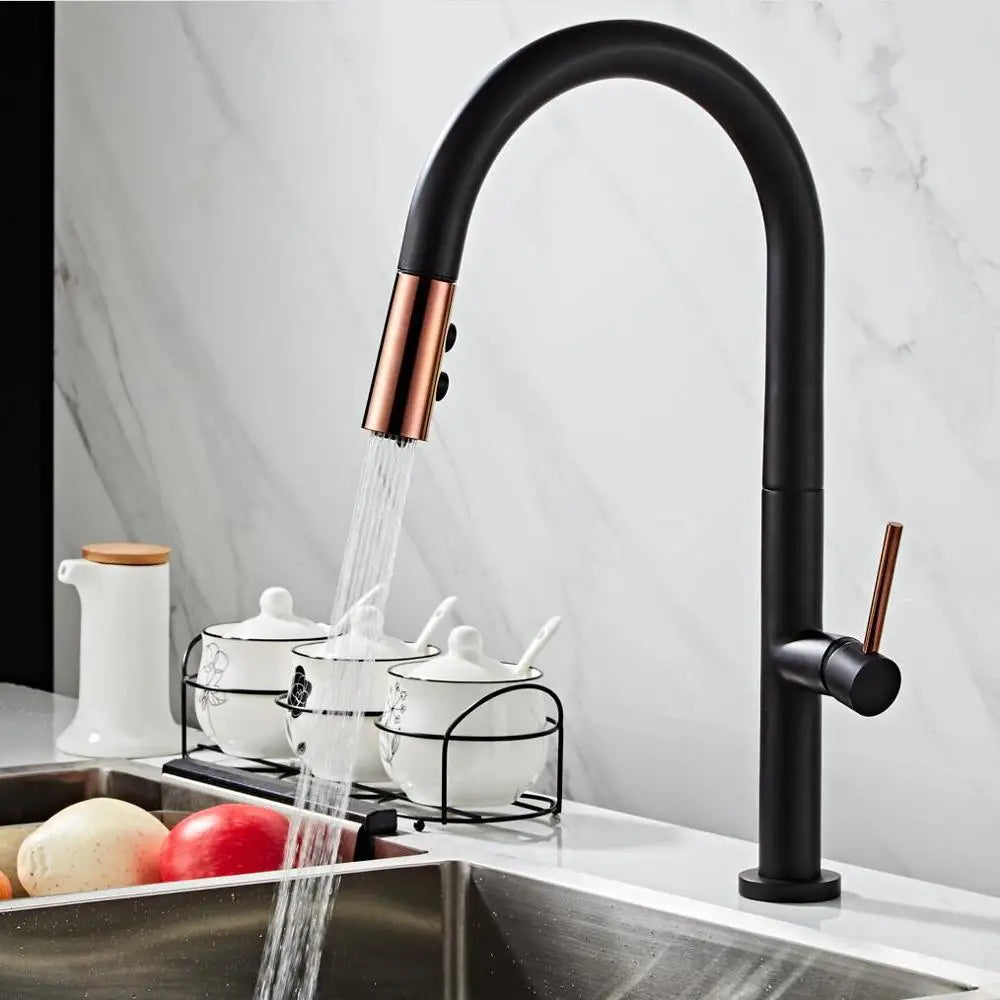 Pull Out Kitchen Faucet Rose Gold and White Sink Mixer Tap 360 Degree Rotation Kitchen Mixer 