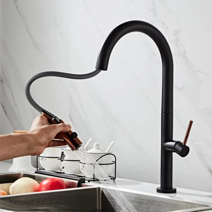 Pull Out Kitchen Faucet Rose Gold and White Sink Mixer Tap 360 Degree Rotation Kitchen Mixer 