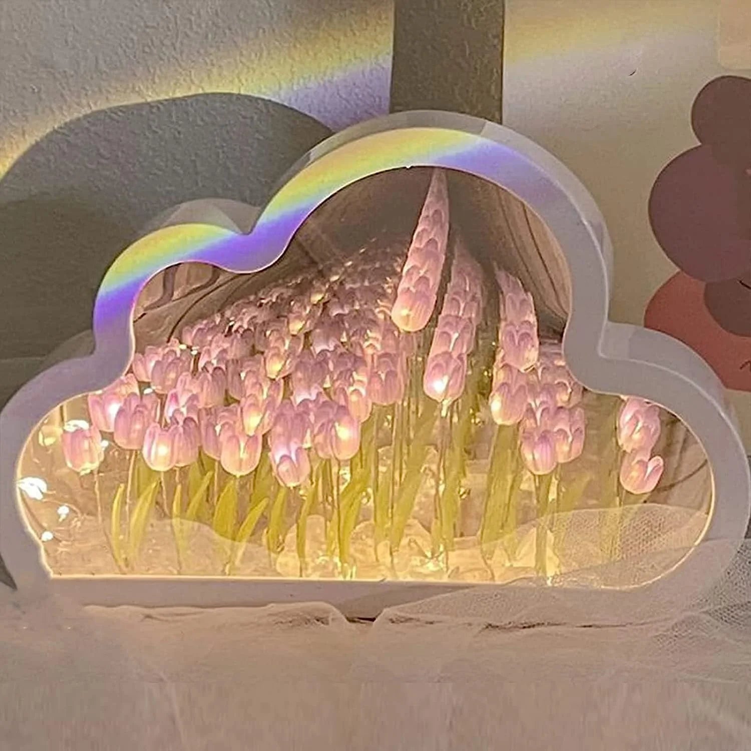 Cloud Mirror Tulip Lamp, Simulation Flower Bedroom Sleeping Table Lamp (Purple)