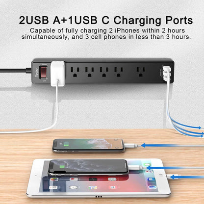 6Ft Power Strip Surge Protector -  Extension Cord with 6 AC Outlets and 3 USB Ports (Black)