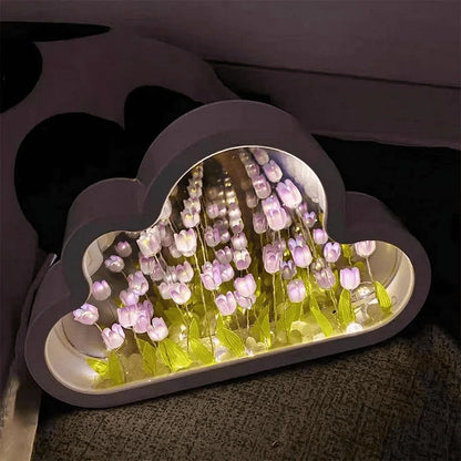 Cloud Mirror Tulip Lamp, Simulation Flower Bedroom Sleeping Table Lamp (Purple)