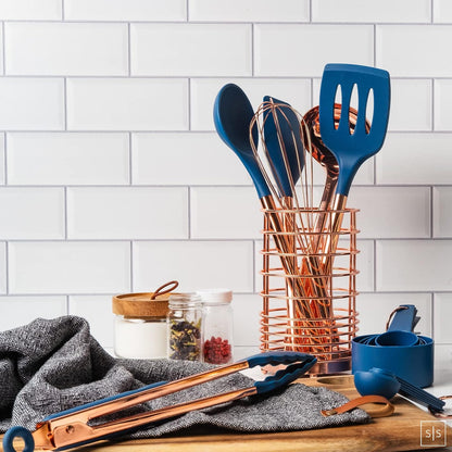 17-Piece Copper and Blue Silicone Cooking Utensils Set with Copper Holder and Measuring Cups and Spoons