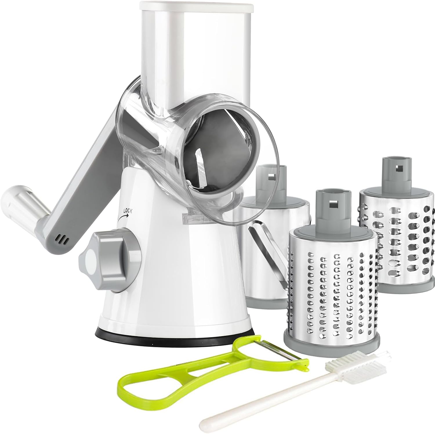 Rotary Cheese Grater Hand Crank, Kitchen Shredder Speed Mandolin Slicer Nuts Grinder with Handle and Drum Blades for Cheese, Vegetable, Walnuts, Chocolate, Potato, Carrot, 3 Blades, White