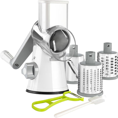 Rotary Cheese Grater Hand Crank, Kitchen Shredder Speed Mandolin Slicer Nuts Grinder with Handle and Drum Blades for Cheese, Vegetable, Walnuts, Chocolate, Potato, Carrot, 3 Blades, White