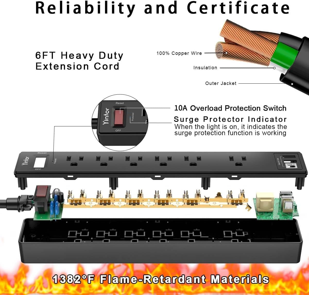6Ft Power Strip Surge Protector -  Extension Cord with 6 AC Outlets and 3 USB Ports (Black)