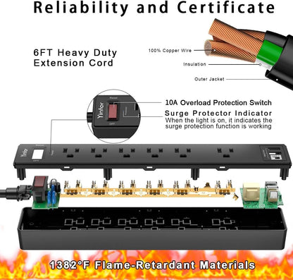 6Ft Power Strip Surge Protector -  Extension Cord with 6 AC Outlets and 3 USB Ports (Black)