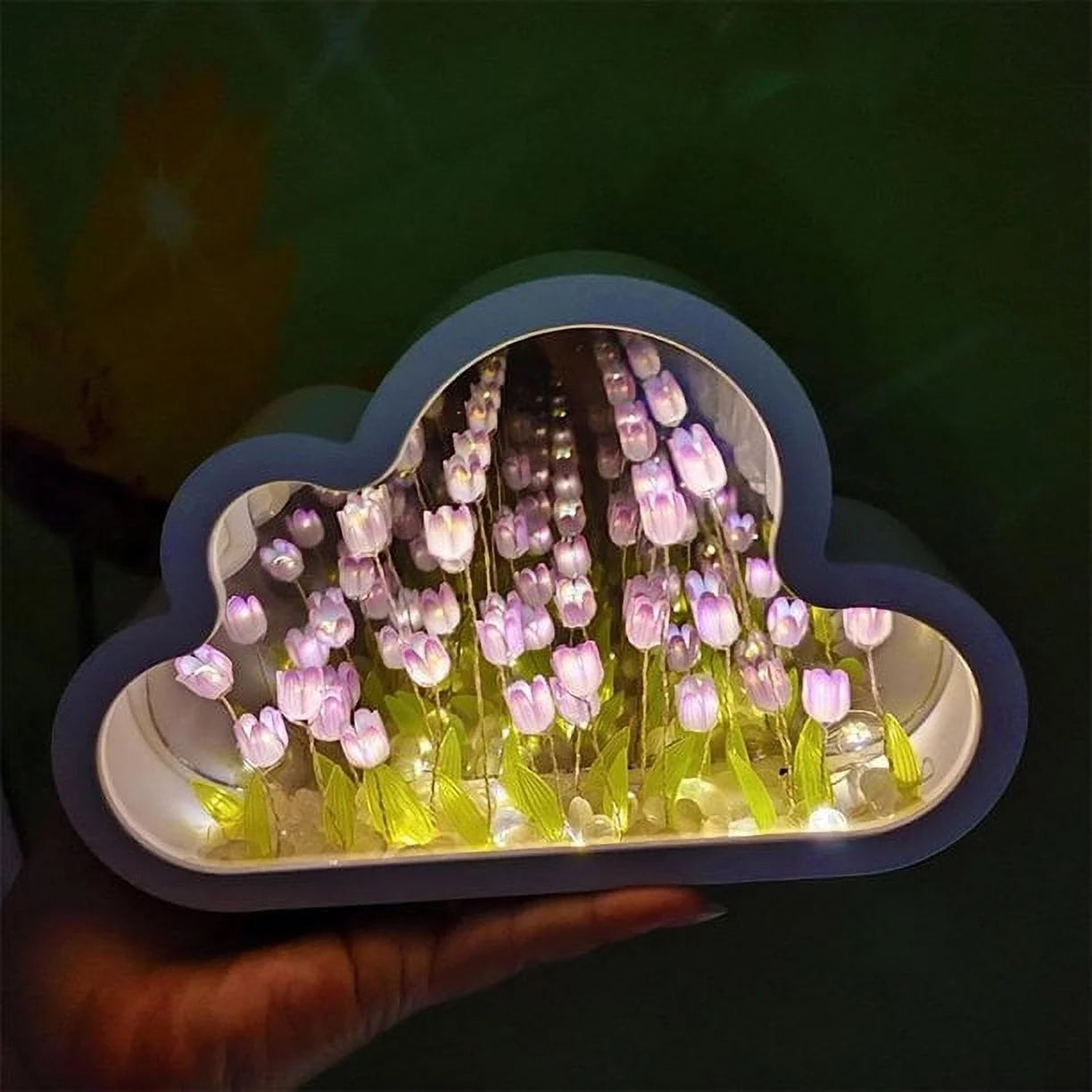 Cloud Mirror Tulip Lamp, Simulation Flower Bedroom Sleeping Table Lamp (Purple)