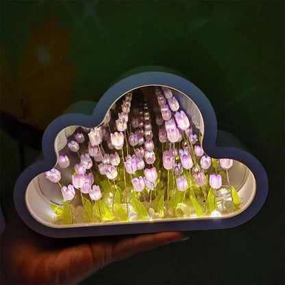 Cloud Mirror Tulip Lamp, Simulation Flower Bedroom Sleeping Table Lamp (Purple)