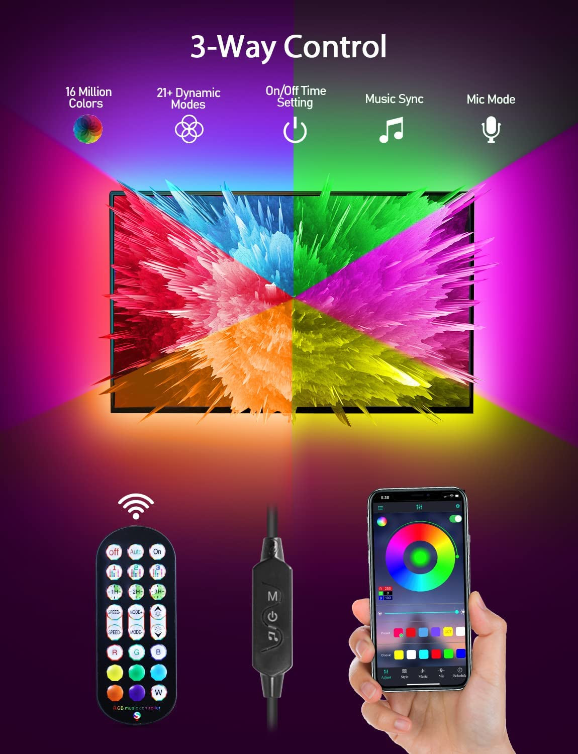 LED Lights for TV Led Backlight, 9.84Ft RGB Led Strip Lights USB TV Lights behind 32-43In