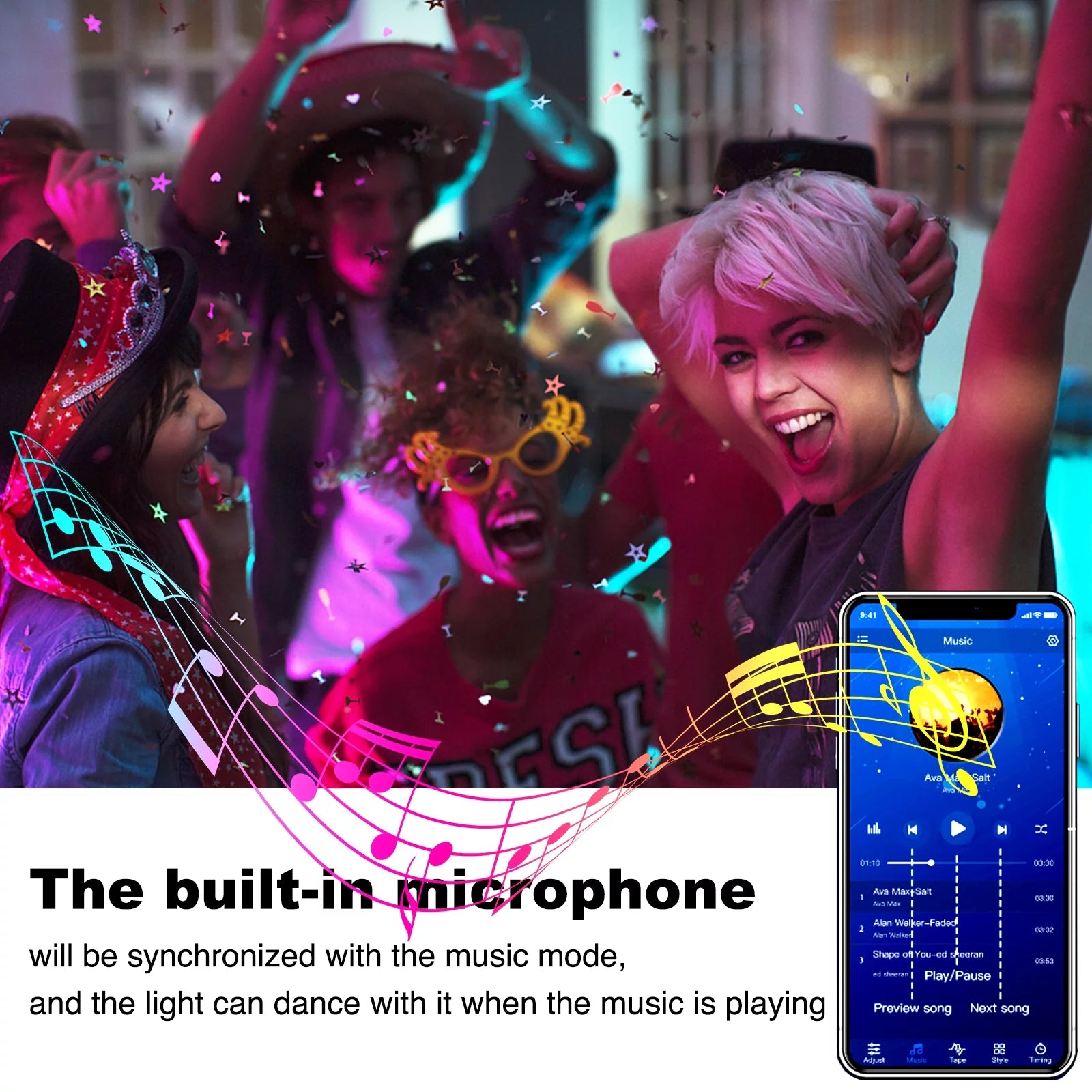 50Ft LED Strip Lights,Color Changing Music Sync with Remote Control (App+Remote +Mic)