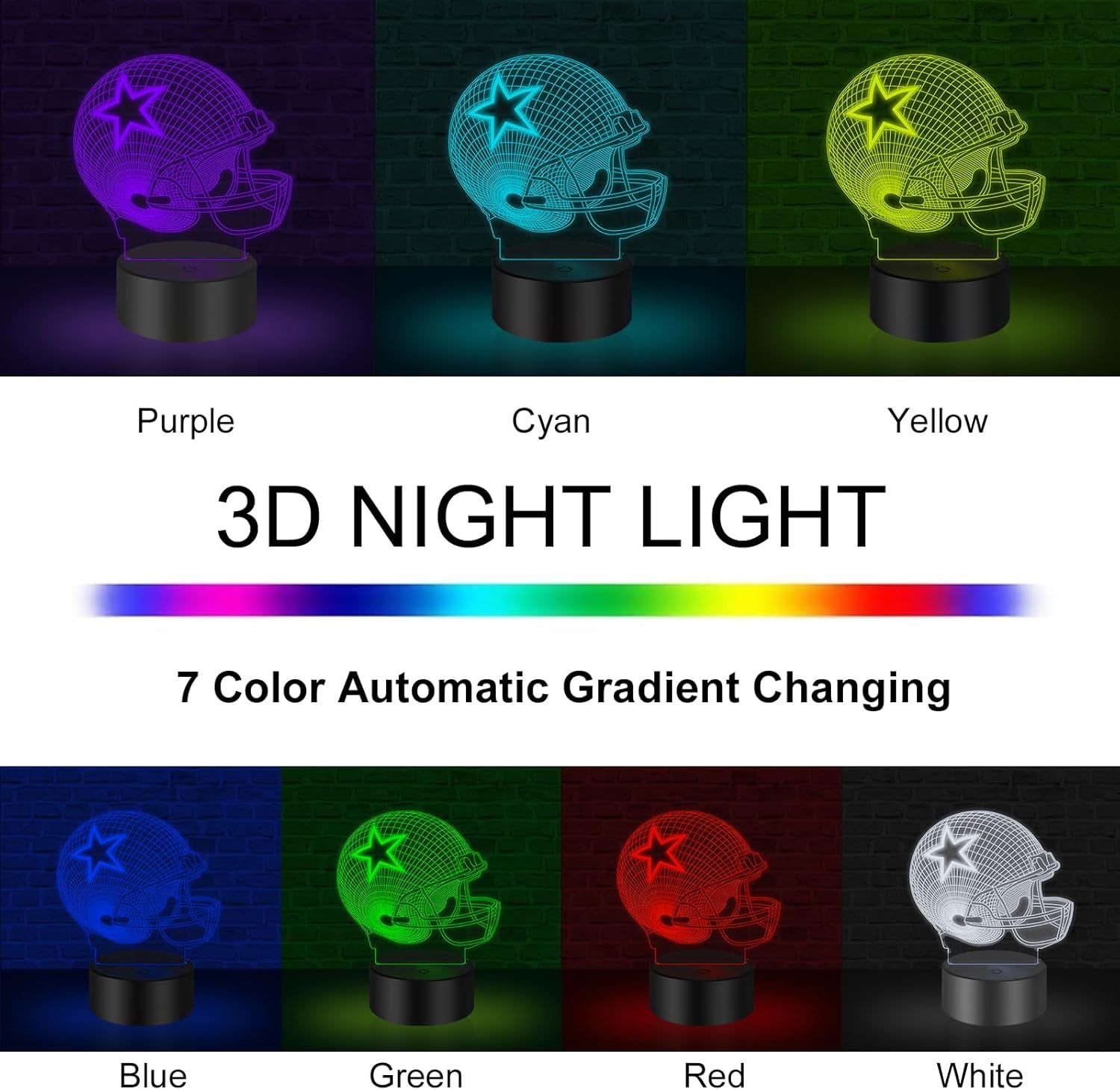 3D Illusion Night Light Desk Lamp, 7 Colors Auto Gradual Changing USB Powered LED Light (Baseball Helmet)