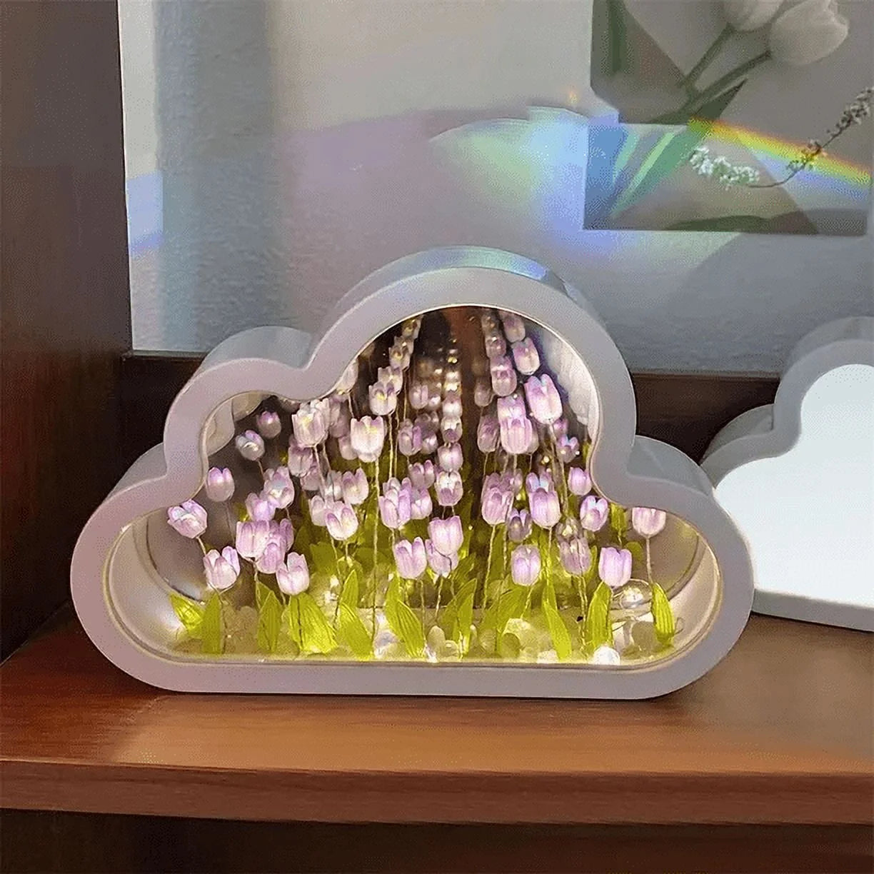 Cloud Mirror Tulip Lamp, Simulation Flower Bedroom Sleeping Table Lamp (Purple)