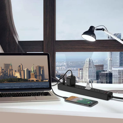 6Ft Power Strip Surge Protector -  Extension Cord with 6 AC Outlets and 3 USB Ports (Black)
