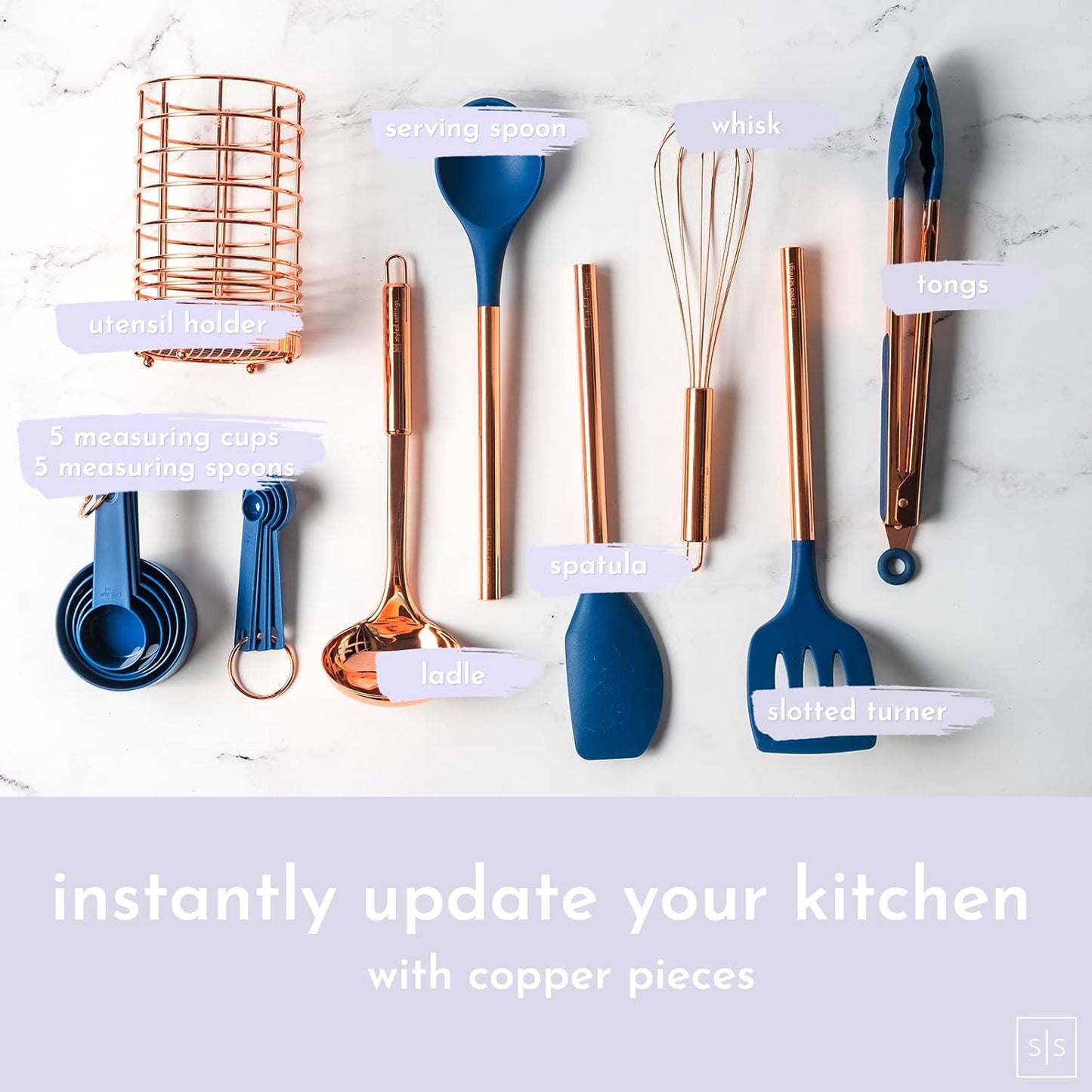 17-Piece Copper and Blue Silicone Cooking Utensils Set with Copper Holder and Measuring Cups and Spoons