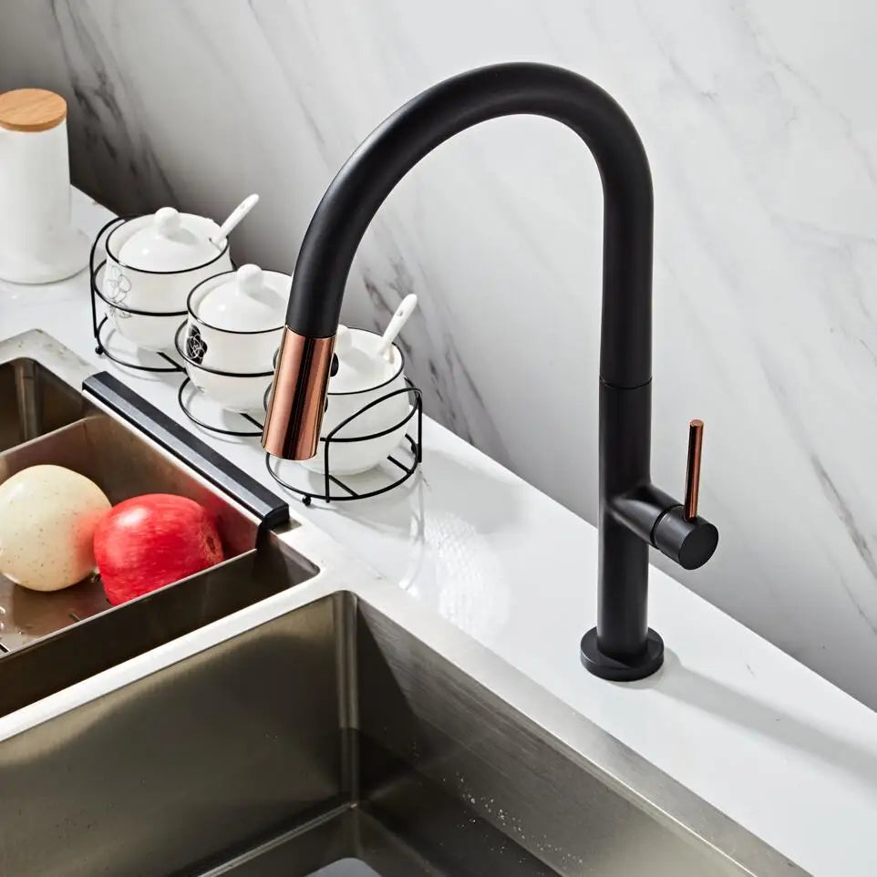 Pull Out Kitchen Faucet Rose Gold and White Sink Mixer Tap 360 Degree Rotation Kitchen Mixer 