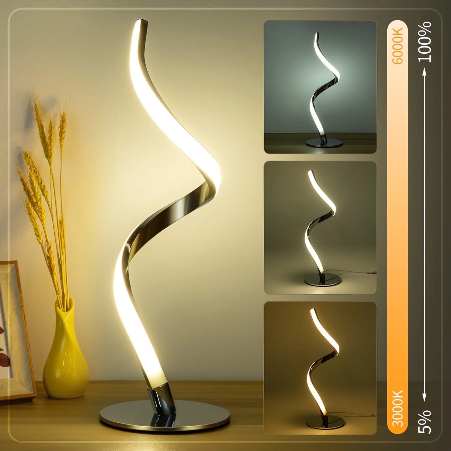 Modern Spiral Table Lamp -  Touch Control Bedside Lamp, 3 Colors & Fully Stepless Dimmable Nightstand Lamp