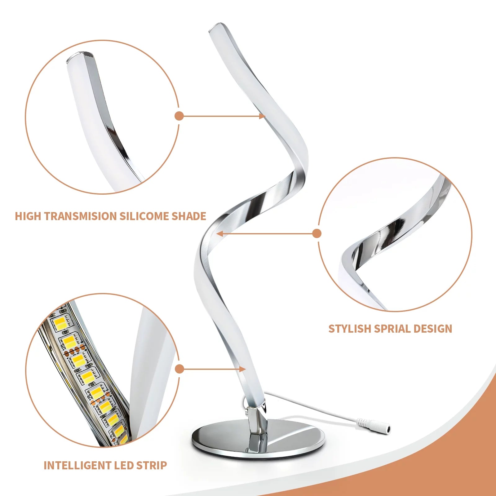 Modern Spiral Table Lamp -  Touch Control Bedside Lamp, 3 Colors & Fully Stepless Dimmable Nightstand Lamp