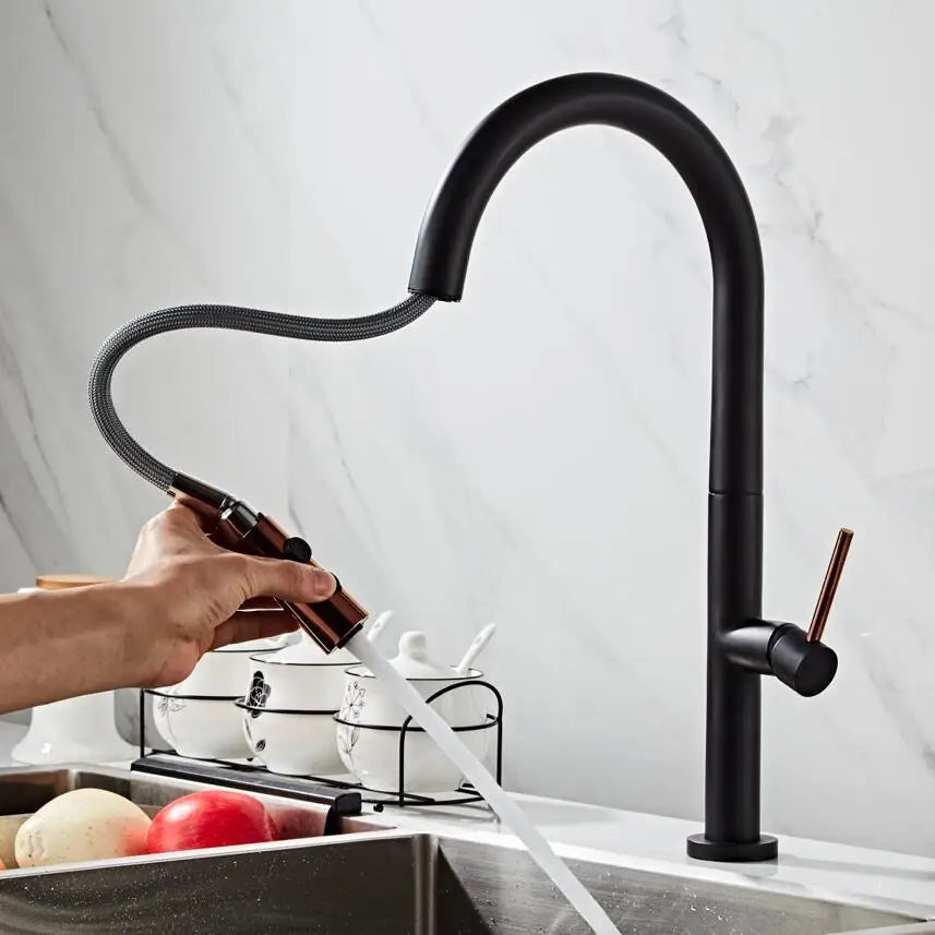 Pull Out Kitchen Faucet Rose Gold and White Sink Mixer Tap 360 Degree Rotation Kitchen Mixer 